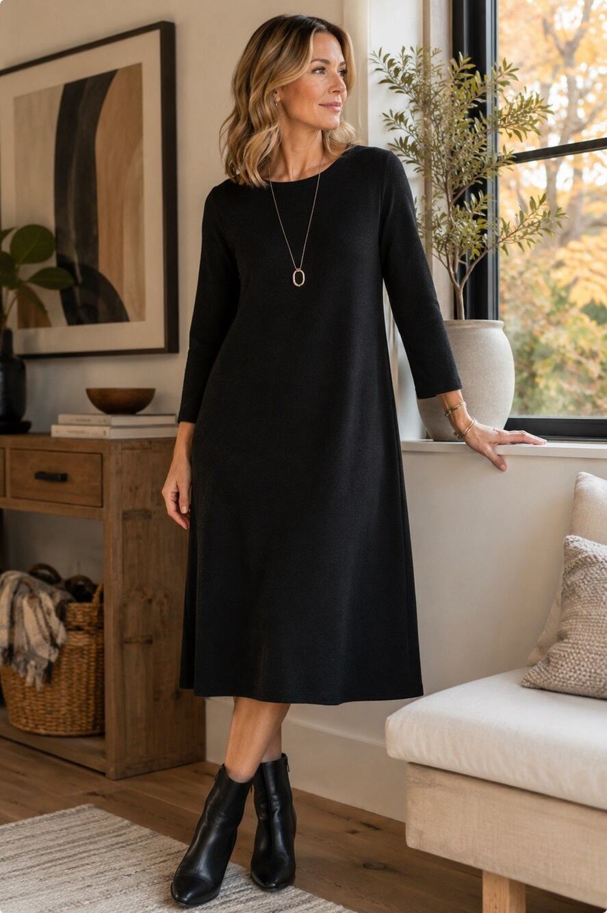 Eileen Fisher Womens M Black 100% Wool Round Neck Midi Sweater Dress Minimal